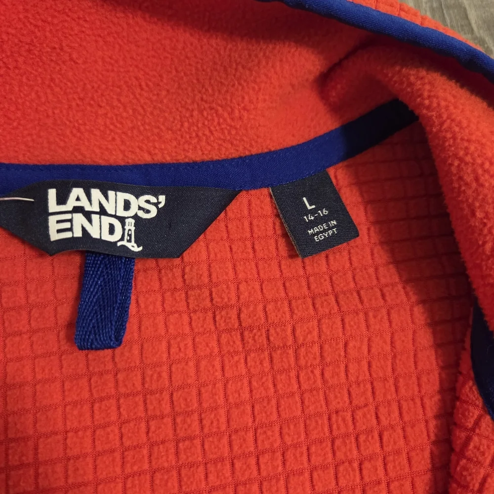 Lands End Jacket Womens L Orange Blue Trim Grid Fleece Full Zip Pockets - Picture 4 of 8